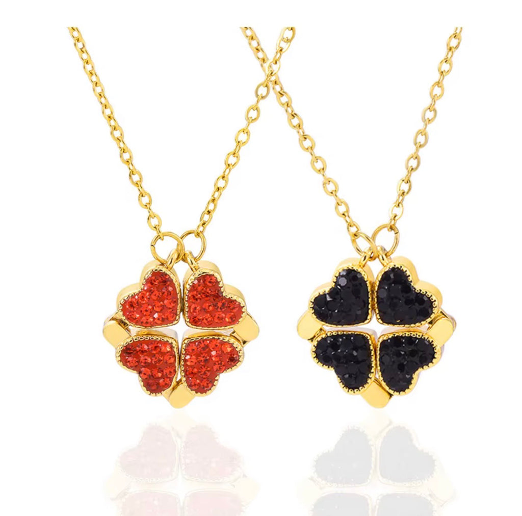 Magnetic Four-Leaf Clover Black & Red Heart Necklace | 18K Gold Plated Steel | JVNXII & CO.