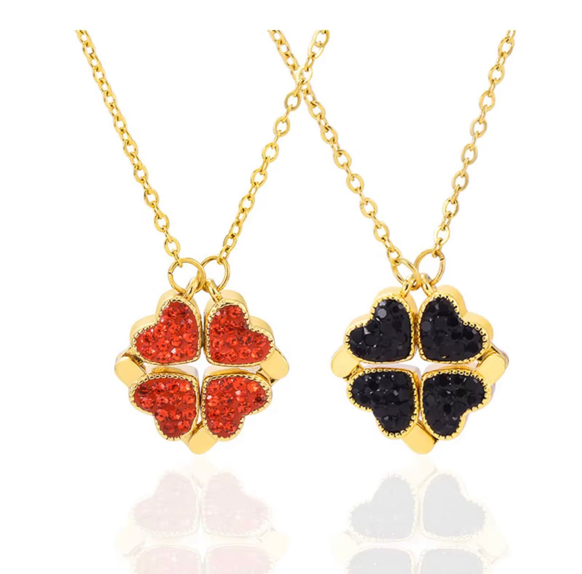 Magnetic Four-Leaf Clover Black & Red Heart Necklace | 18K Gold Plated Steel | JVNXII & CO.