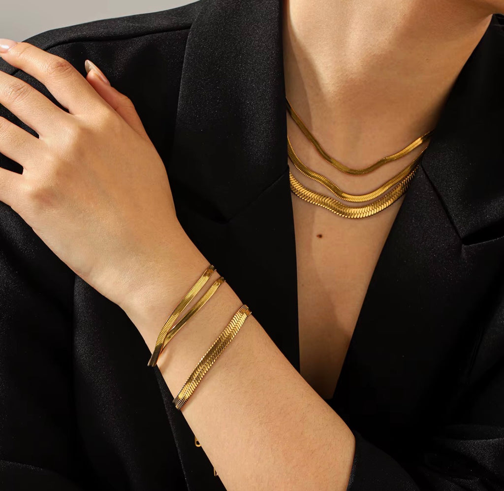 Flat Herringbone Snake Bone Thin Chain Necklace & Bracelet Set| 18K Gold Plated Steel | JVNXII & CO.