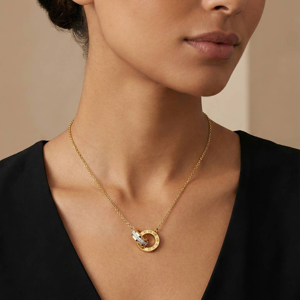 Roman Numerals Interlocking Rings Necklace Multi-Layered Necklace | 18K Gold Plated Steel | JVNXII & CO.