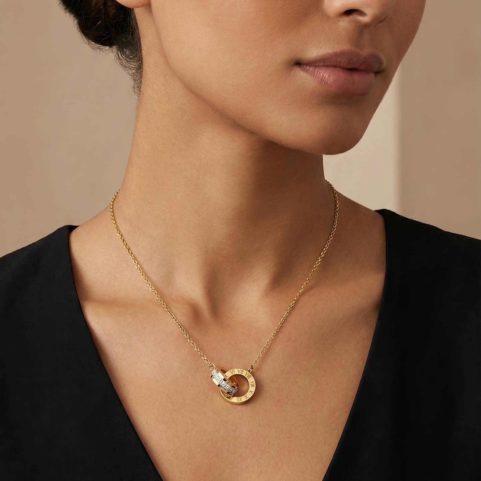 Roman Numerals Interlocking Rings Necklace Multi-Layered Necklace | 18K Gold Plated Steel | JVNXII & CO.