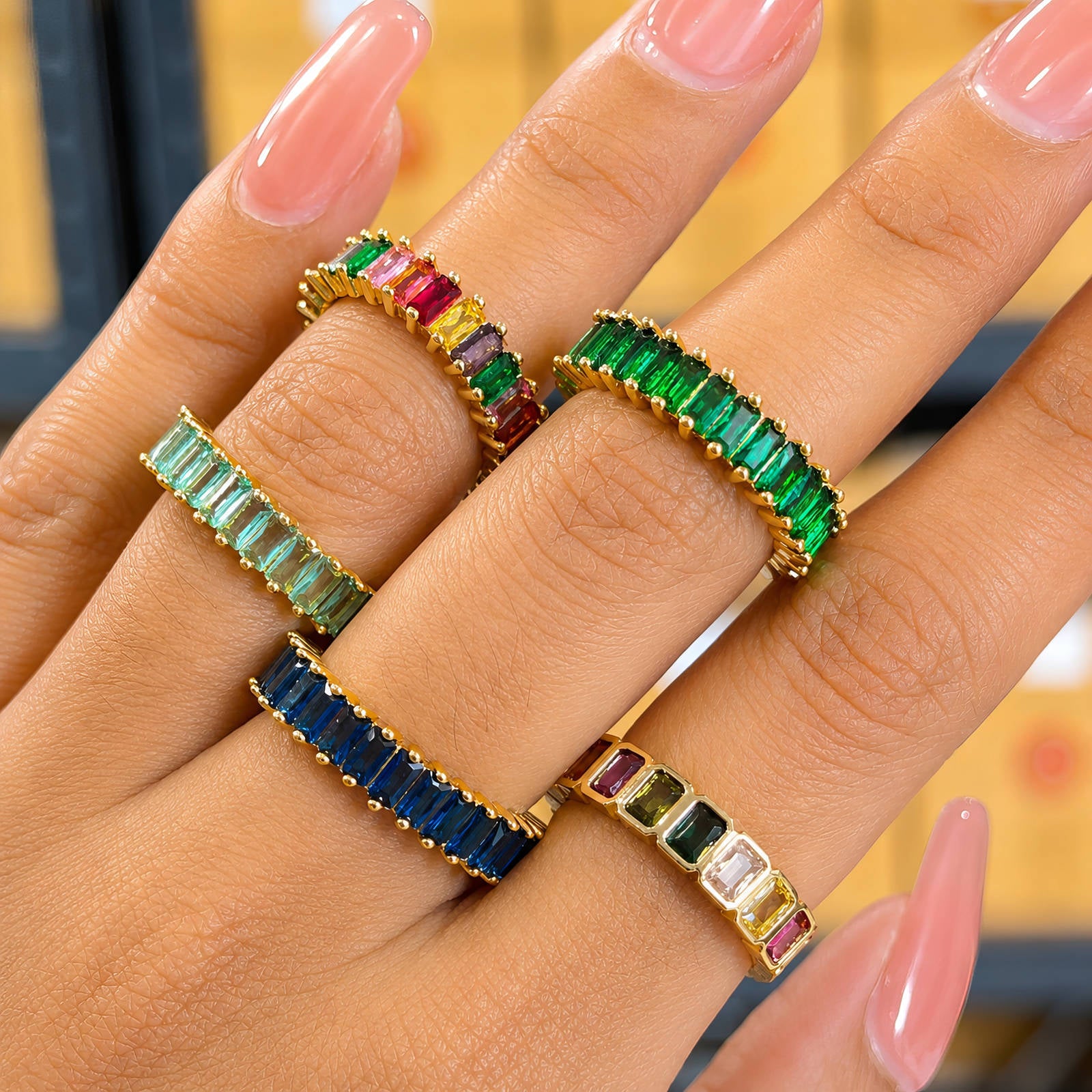 Rainbow Baguette Ring | Plated Gold Brass Finger Ring - Crystallic | JVNXII & CO.