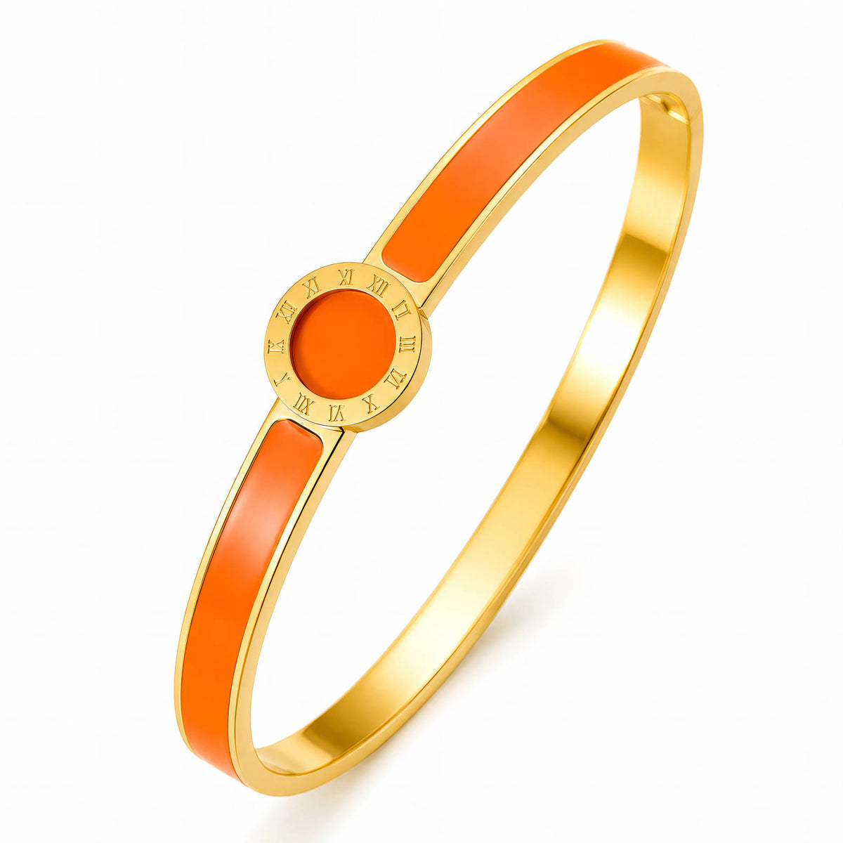 Roman Numeral Orange Enamel Hinge Bracelet | 18K Gold Plated Stainless Steel | JVNXII & CO.