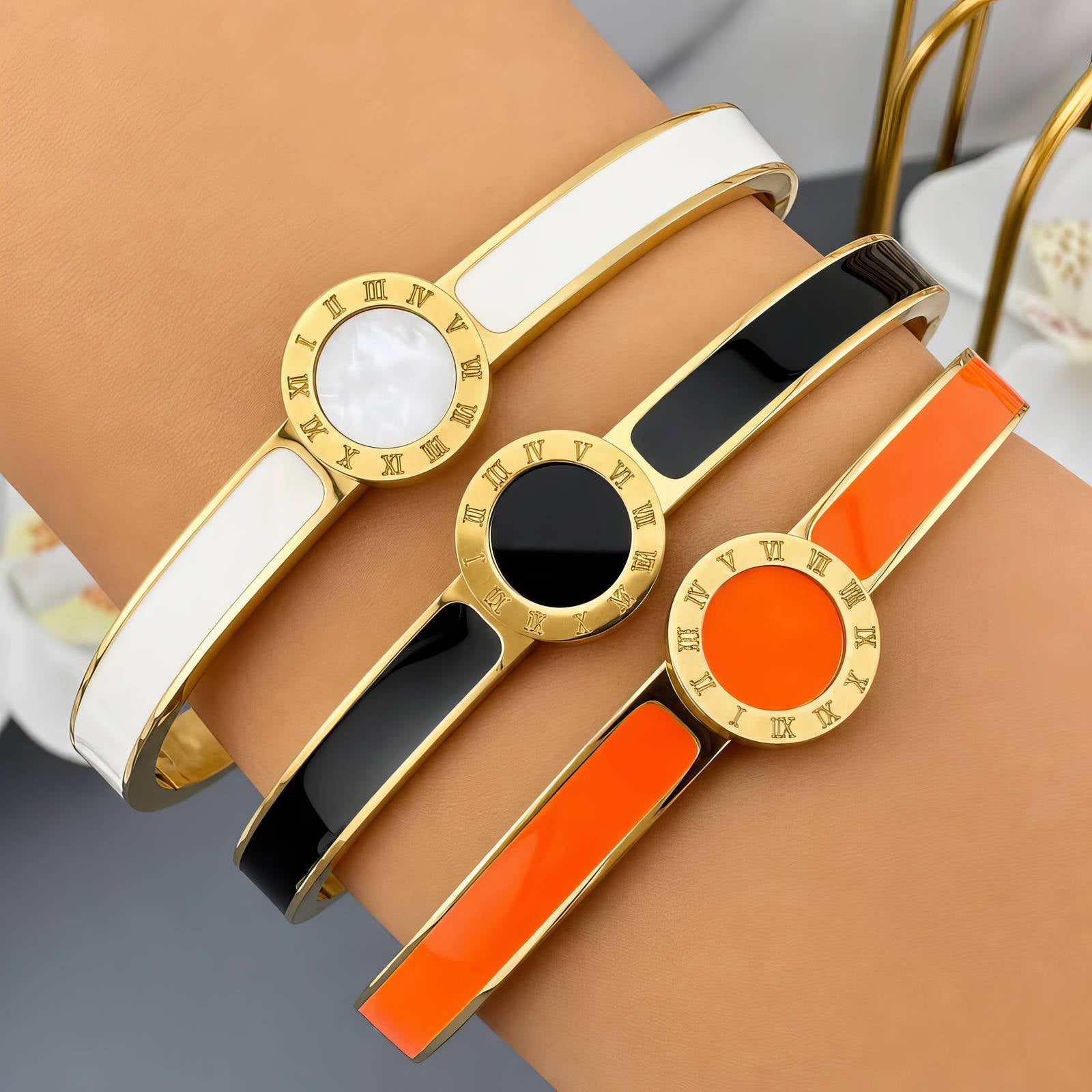 Roman Numeral Orange Enamel Hinge Bracelet | 18K Gold Plated Stainless Steel | JVNXII & CO.
