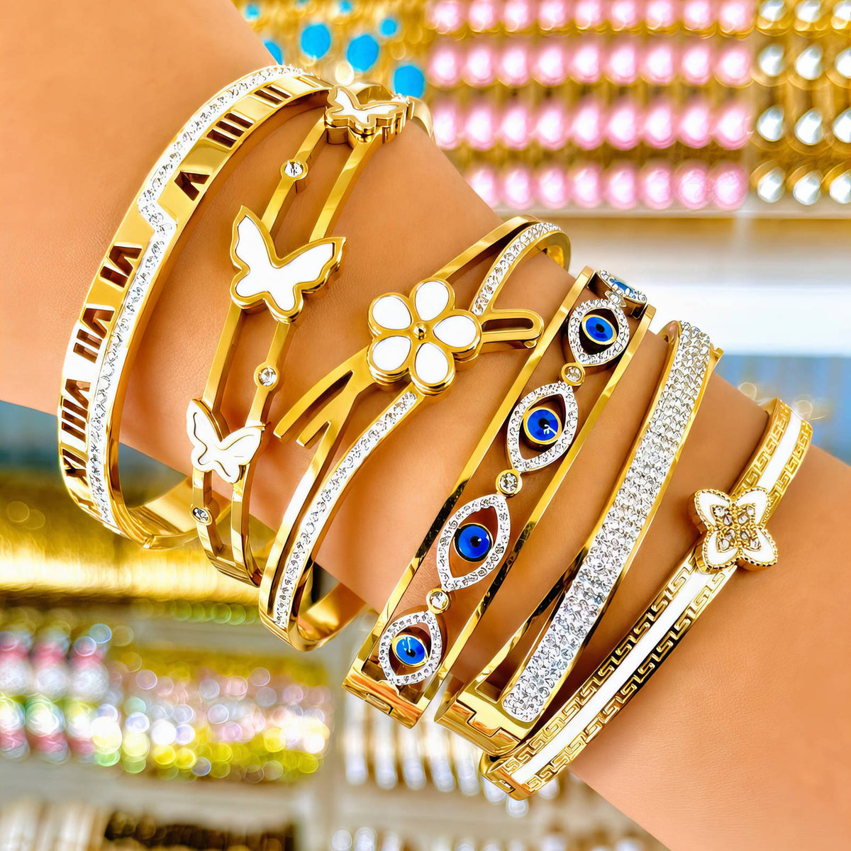 Crystal Floral Bangle Bracelet | 18K Gold Plated Stainless Steel | JVNXII & CO.