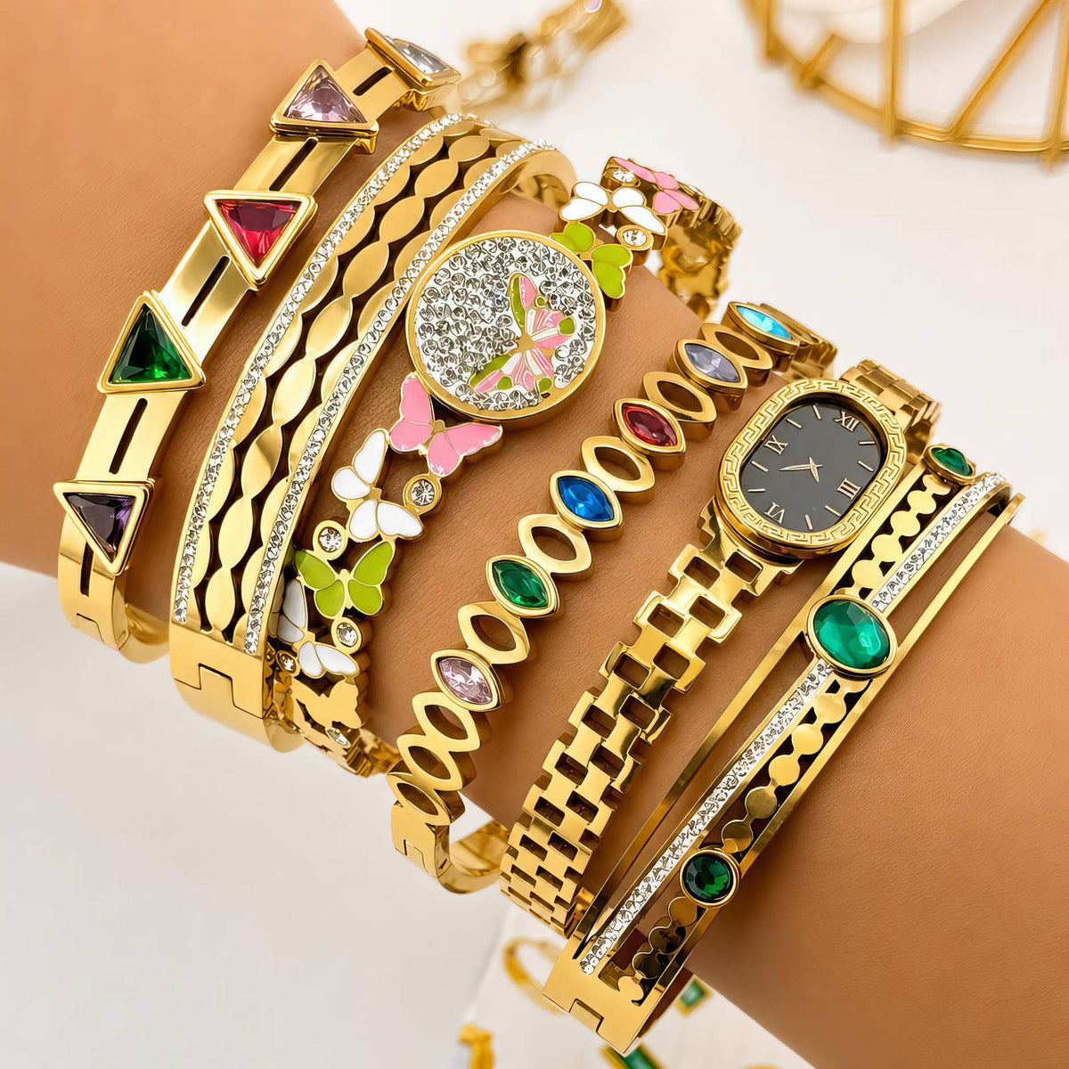 Multi-Color Enamel Prisma Bangle | 18K Gold Plated Stainless Steel | JVNXII & CO.