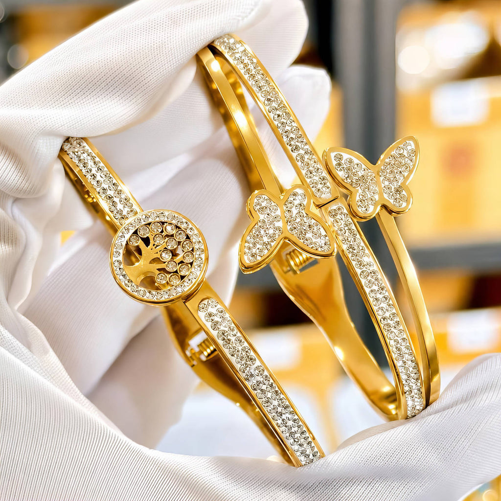 Crystal Butterfly Bypass Bamgle Bracelet | 18K Gold Plated Stainless Steel | JVNXII & CO.