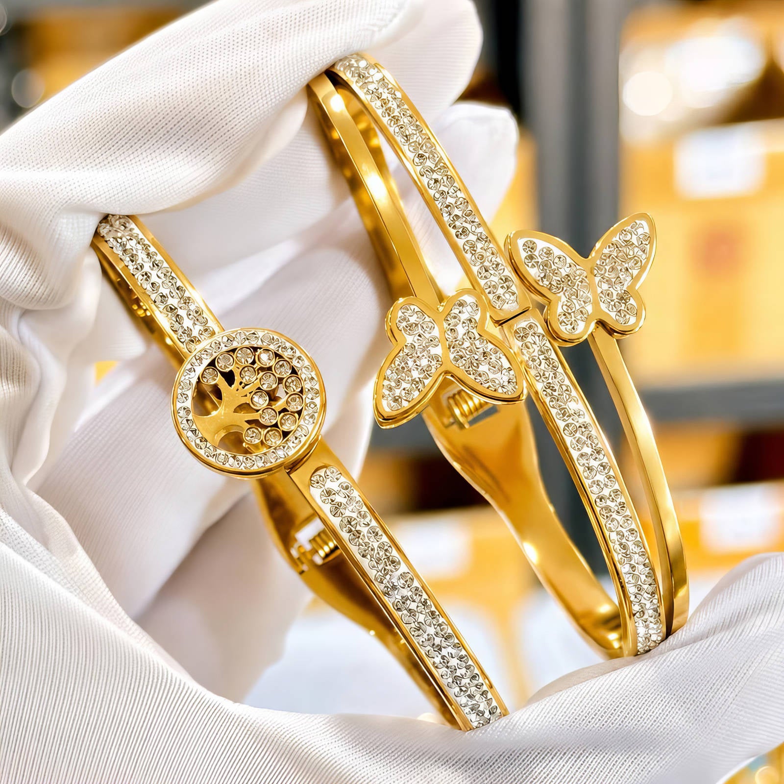 Crystal Butterfly Bypass Bamgle Bracelet | 18K Gold Plated Stainless Steel | JVNXII & CO.