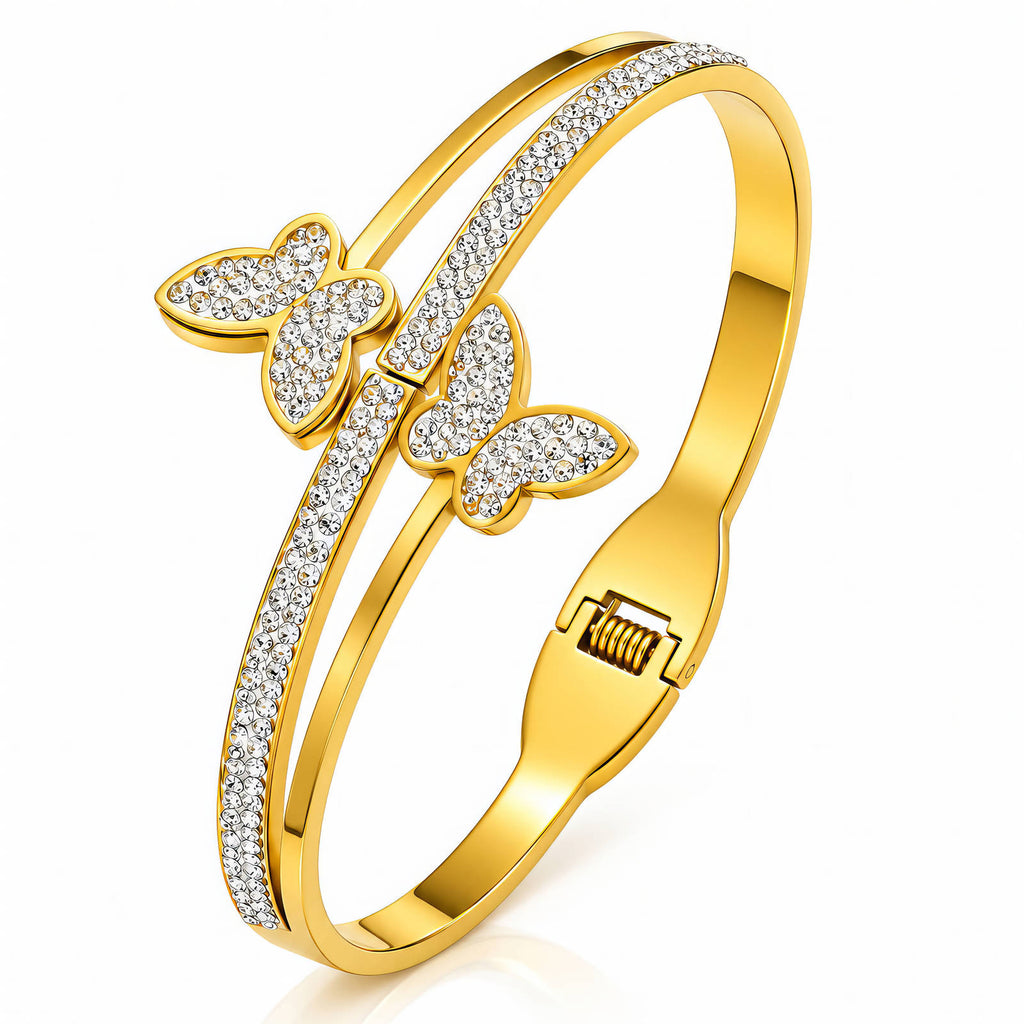Crystal Butterfly Bypass Bamgle Bracelet | 18K Gold Plated Stainless Steel | JVNXII & CO.