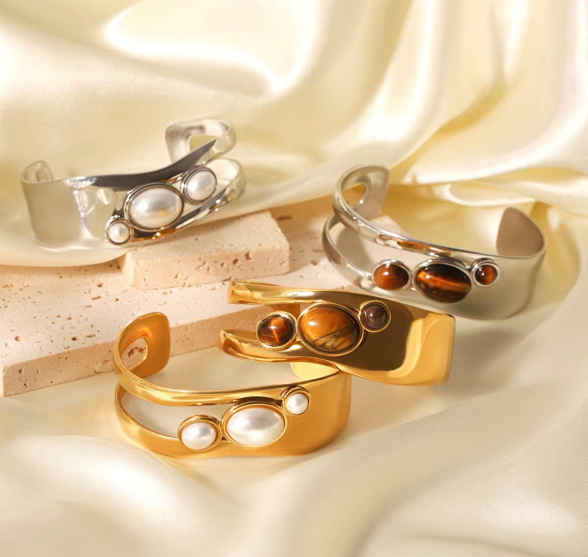 White Wide Open Three Stoned Inlaid Bangle Bracelet | 18K Gold Plated Steel | JVNXII & CO.