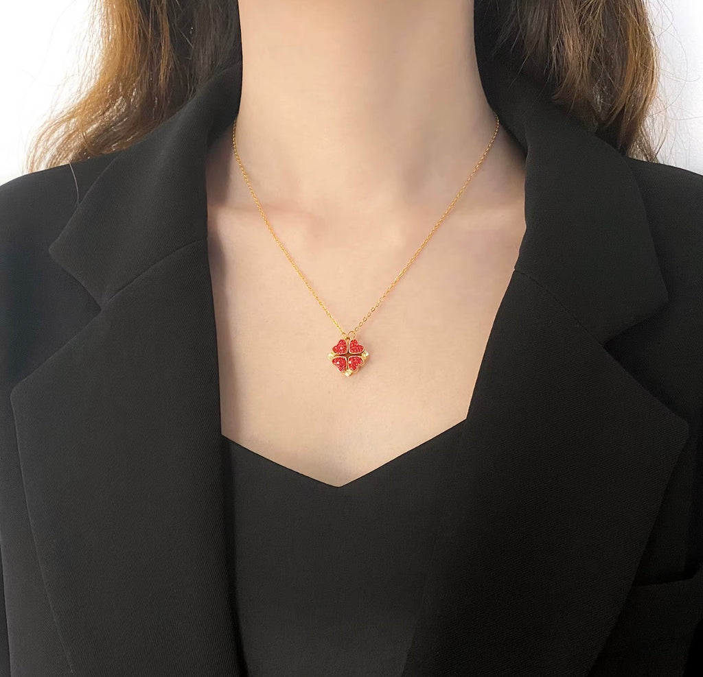 Magnetic Four-Leaf Clover Black & Red Heart Necklace | 18K Gold Plated Steel | JVNXII & CO.
