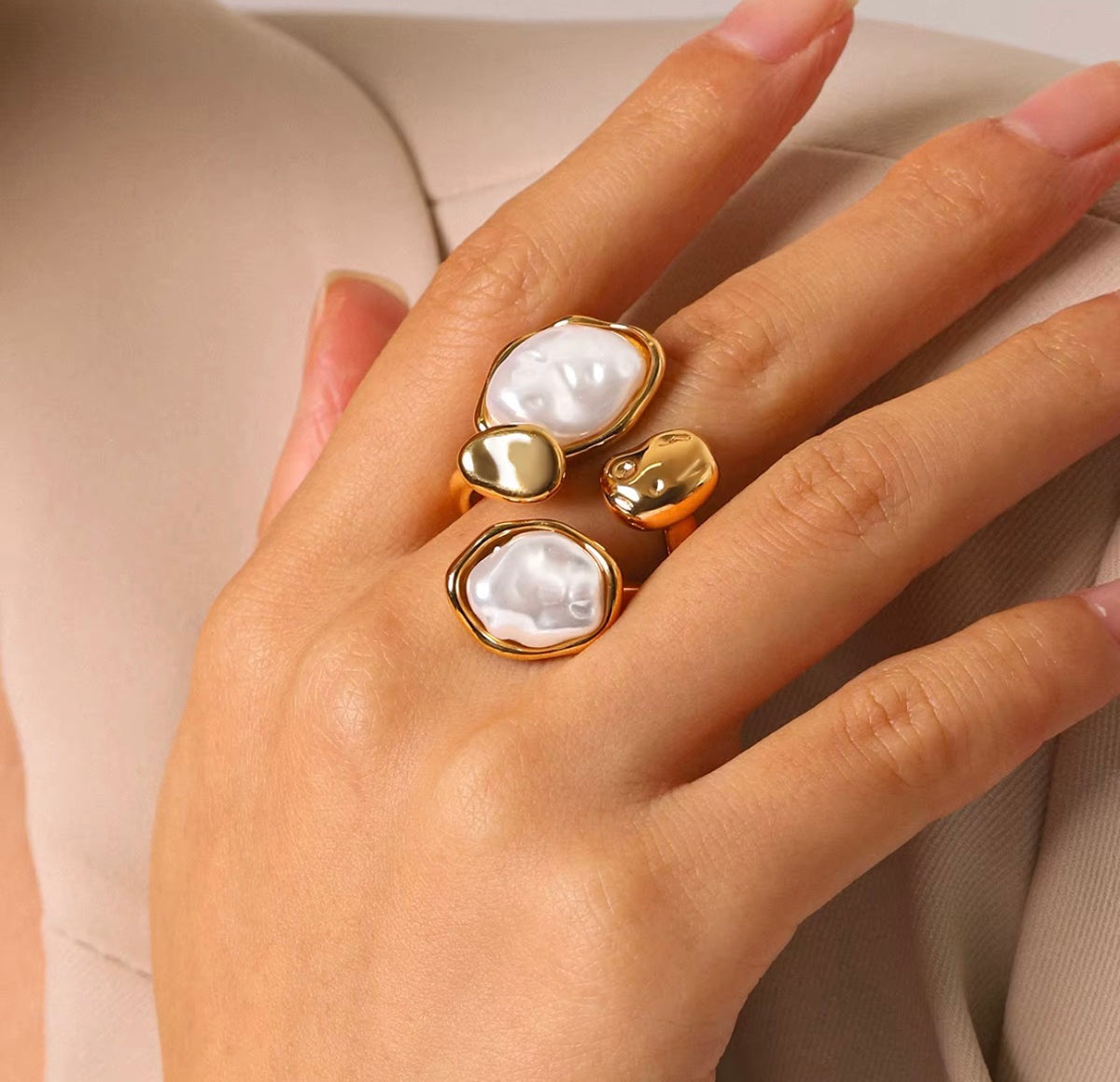 Plated Baroque Pearl Open Cuff Ring | 18K Gold Plated Steel | JVNXII & CO.