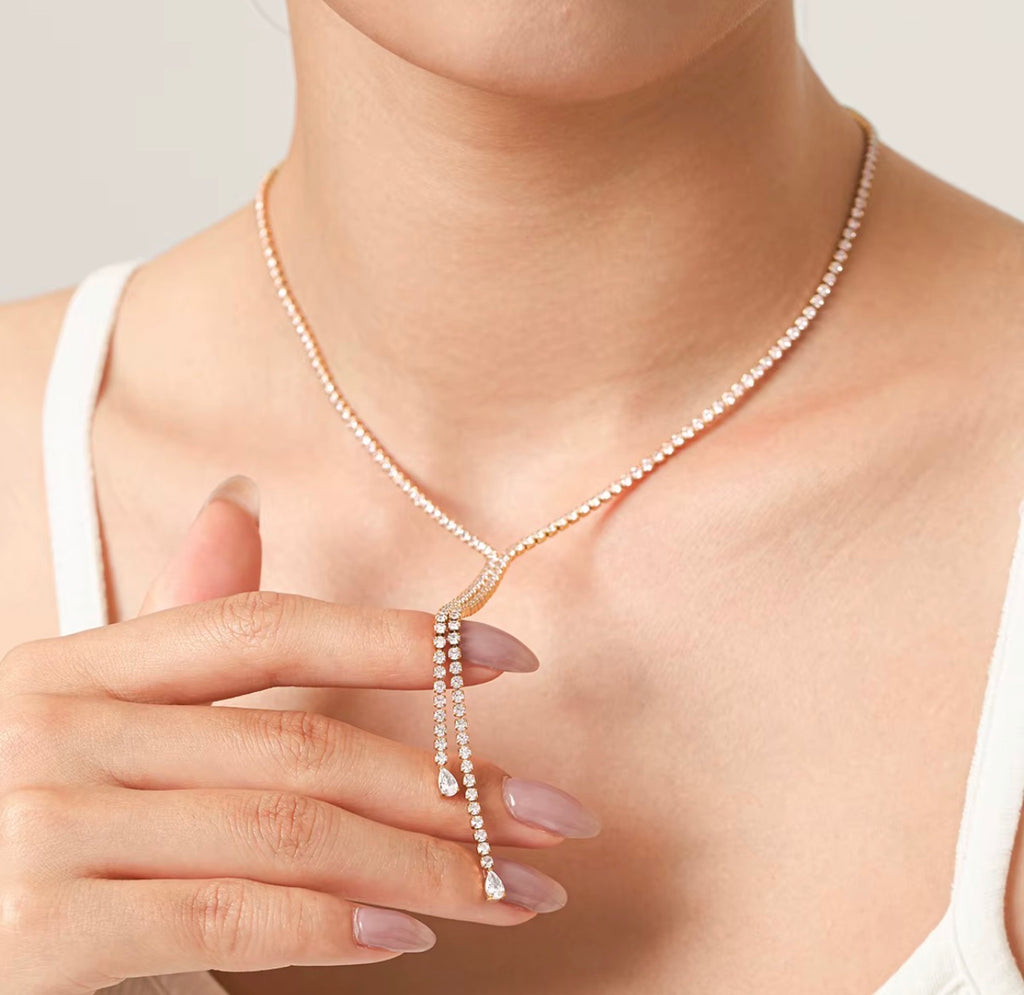 Luxury Tear Drop Tennis Necklace | 18K Gold Plated Steel | JVNXII & CO.