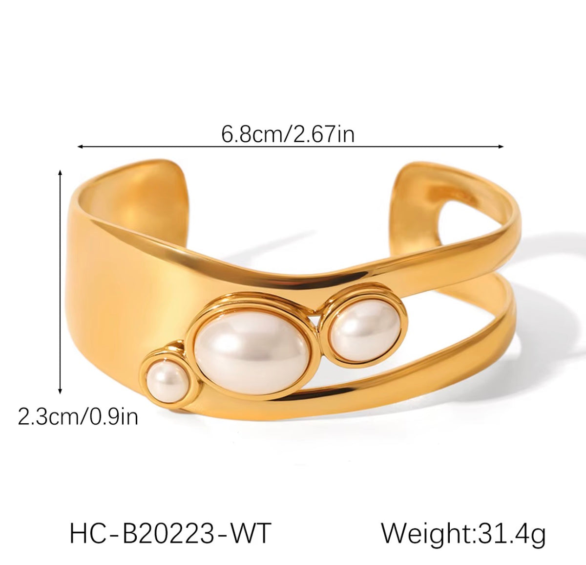 White Wide Open Three Stoned Inlaid Bangle Bracelet | 18K Gold Plated Steel | JVNXII & CO.