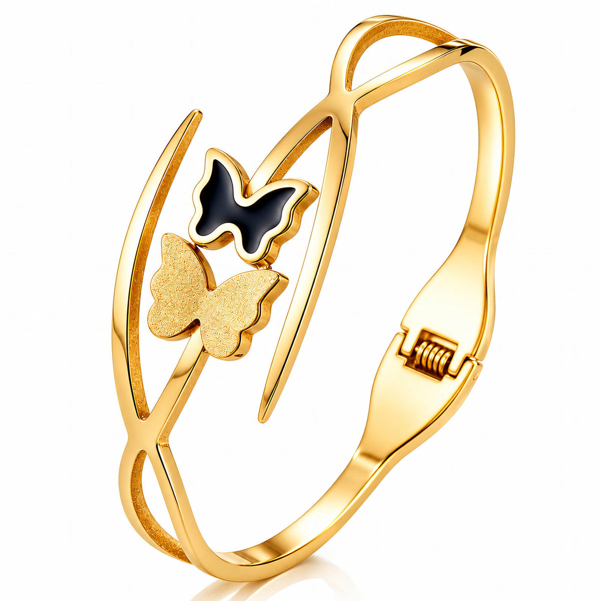 Simple Black and Gold Butterfly Bangle Bracelets | 18K Gold Plated Steel | JVNXII & CO.